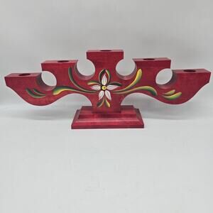 Vintage Hand Painted Red Wooden Swedish Candelabra 5 Candlestick Holder Sweden